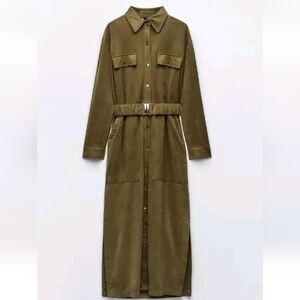 ZARA NWT Army Green Faux Suede Belted Midi Dress Size Small 8073/245/505